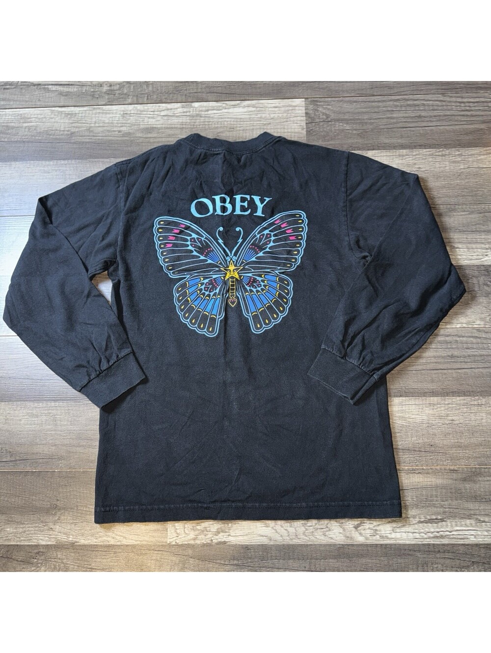 OBEY Butterfly Graphic Long Sleeve T Shirt Men’s Small Black Front Back Print